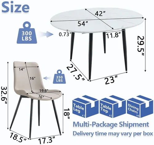 Miniatura 3 de Juego de mesa de comedor extensible de 42 a 54 pulgadas para 4, juego de mesa de comedor ovalada redonda para 4, mesa de cocina blanca con sillas 2º