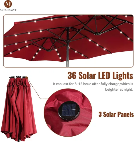 Miniatura 4 de MONDAWE Paraguas de patio de 15 pies con luces solares (base incluida) sombrilla grande de doble cara de aluminio rectangular de aluminio para mesa