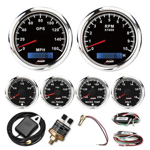 RACETECH Juego de 6 Instrumentos – Velocímetro GPS de 85mm 260 km/h y Tacómetro 10000 RPM – Medidores de 52mm de Combustible, Aceite, Temperatura