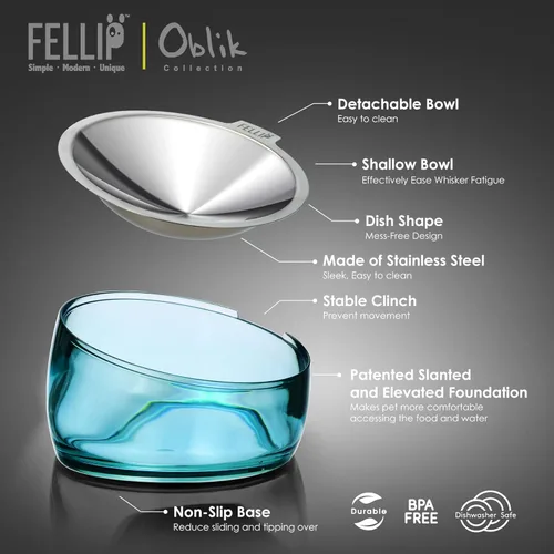 Miniatura 2 de Felli Cuenco de comida para gatos con bigote oblicuo para mascotas, plato elevado de acero inoxidable poco profundo, diseño de mascotas, alimentador