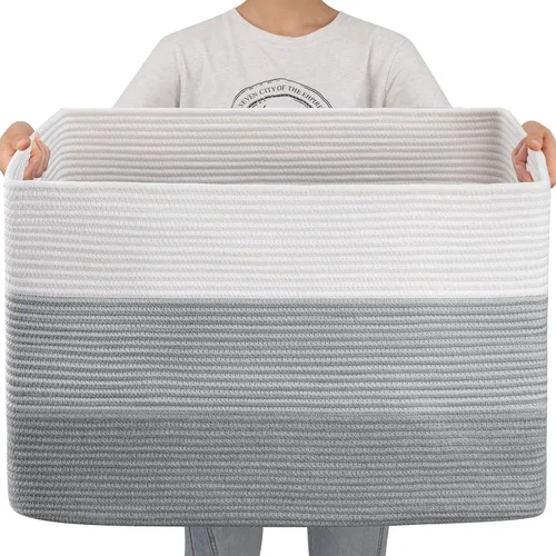 Miniatura 13 de OIAHOMY Cesta de manta súper grande de 108L, 25 x 16 x 16 pulgadas (108 litros), cestas tejidas rectangulares para almacenamiento, canasta de cuerda