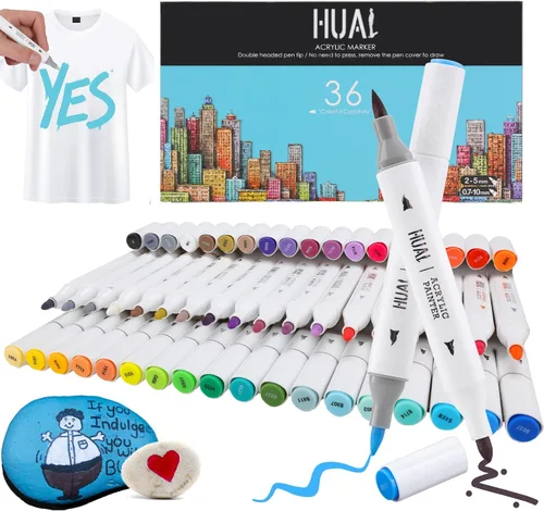 Miniatura 9 de HUAL Bolígrafos de pintura acrílica de doble punta, 24 colores finos y marcadores de punta de pincel para artistas profesionales, manualidades