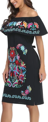 Miniatura 4 de YZXDORWJ Vestido bordado mexicano sin mangas con cuello de volantes para mujer