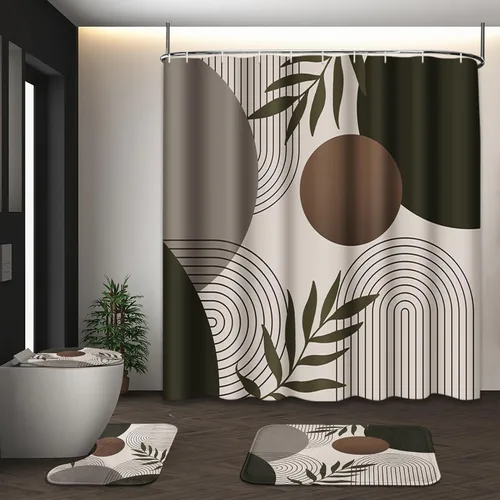 Miniatura 12 de Juego de 4 cortinas de ducha estilo bohemio de mediados de siglo con tapa de inodoro y alfombras antideslizantes, diseño geométrico abstracto negro
