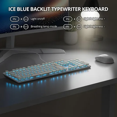 Miniatura 5 de Teclado de máquina de escribir retro con cable, teclado silencioso de computadora iluminado con 104 teclas redondas de tamaño completo, Azul