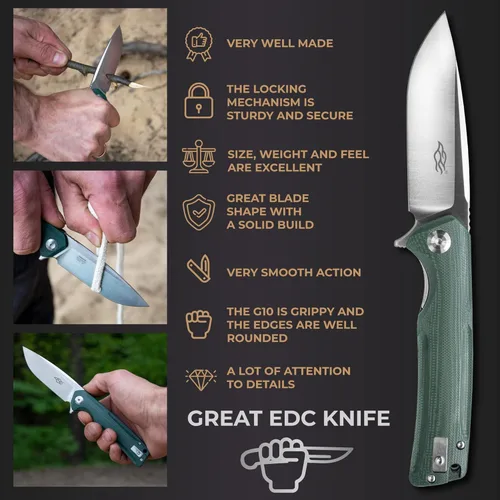 Miniatura 4 de Firebird GANZO FH91-GB Cuchillo plegable de bolsillo con rodamientos de bolas, hoja de acero D2, mango ergonómico G10 antideslizante con clip, Verde