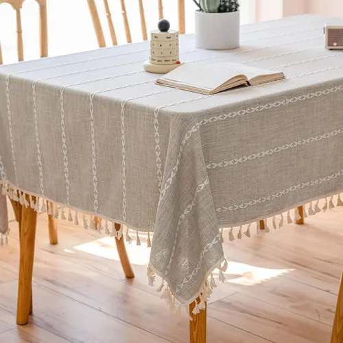 Miniatura 16 de Mantel rectangular de lino beige crema para comedor y cocina, mantel rectangular de arpillera de lino con borlas, resistente, rústico, campestre
