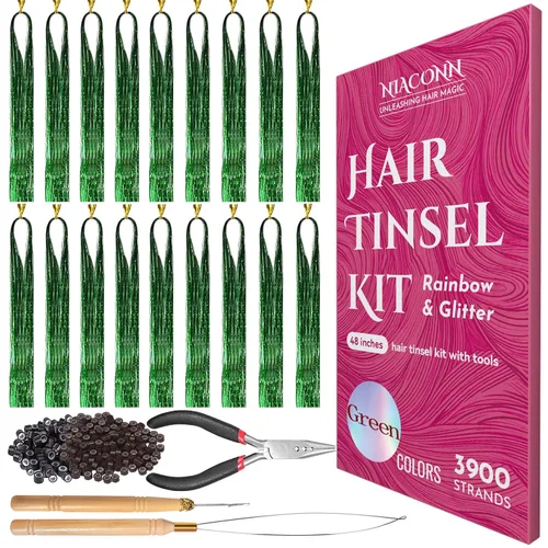 Miniatura 15 de NIACONN Kit de extensiones de oropel con purpurina de 18 colores con herramientas y cuentas, 48 pulgadas, mechones de tracción brillantes de hadas