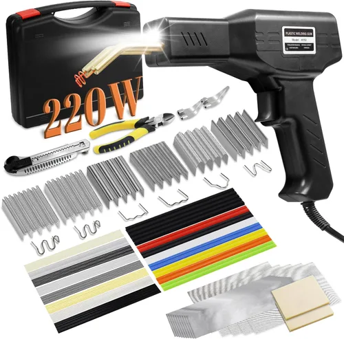 Soldador de plástico de 220 W, kit de soldadura de plástico 2 en 1 mejorado, kit de reparación de plástico, 1000 grapas calientes y 92 varillas de