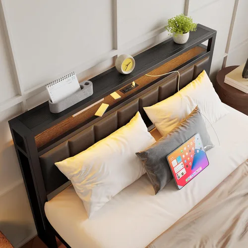 Miniatura 5 de HOJINLINERO Base de cama Queen con luces LED de cabecero, marco de cama tapizado negro tamaño Queen con estación de almacenamiento y carga,