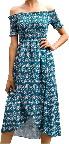 Vestido largo sexy de verano con hombros descubiertos para mujer, estampado floral vintage, manga corta, con volantes, abertura, casual, para fiesta