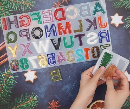 Miniatura 3 de EuTengHao Juego de 272 moldes de resina de silicona con letras y números, moldes de epoxi, llaveros de resina para joyería con llavero, anillos