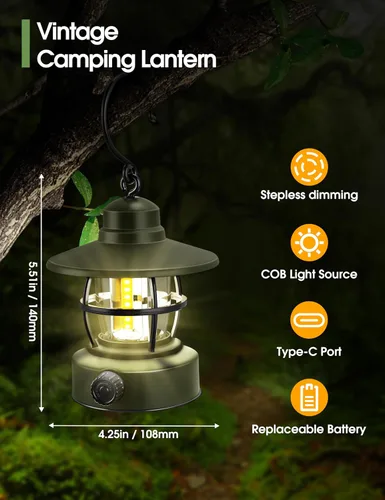Miniatura 4 de Linterna de campamento recargable con pilas 【Paquete de 2】, equipo de campamento imprescindible, accesorios de campamento, luz retro