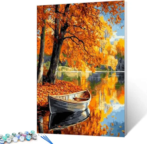 Pintura enmarcada con árbol tropical de otoño por números para adultos, niños, principiantes, kit de pintura de bosque de montaña, 16 x 20 pulgadas,