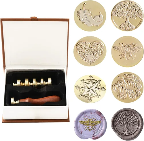 Ailtuer - Juego de 6 sellos de cera de sellado de la serie Plant + 1 empuñadura de madera, kit de sellos de cera vintage con caja de regalo (árbol