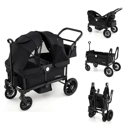 Miniatura 10 de BABY JOY Cochecito vagón para 2 niños, vagón doble plegable para empujar o jalar con mango ajustable, toldo extraíble, arnés de seguridad, Gris