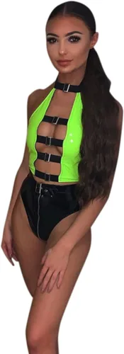 Miniatura 5 de Camiseta sin mangas sexy de piel sintética para mujer, con cordones, para club, fiesta, festival, raves