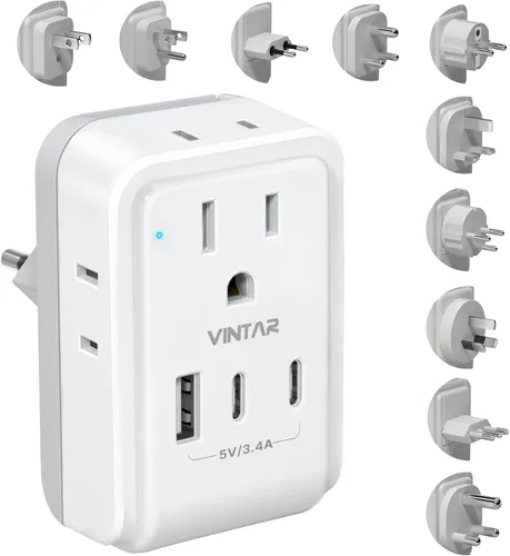 VINTAR Kit de Adaptador de Viaje Universal, Adaptador de Corriente Internacional con 4 Tomas AC y 3 Puertos USB (2 USB-C), Tipo A, B, C, D, E/F, G,