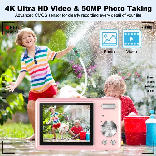 Miniatura 2 de Cámara digital, enfoque automático UHD 4K 50MP cámara de vlogging para fotografía con tarjeta SD de 32 GB, zoom 16X, antivibración, cámaras Rosa