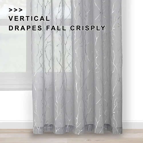 Miniatura 4 de FINECITY - Cortinas de plata traslúcidas de 45 pulgadas de largo - Cortinas impresas de ramas de árbol plateadas metálicas para ventana de cocina