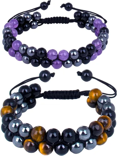 Miniatura 9 de Paquete de 2 pulseras de triple protección, obsidiana negra y hematita genuina de ojo de tigre y cuentas de hematita para hombres y mujeres, hechas
