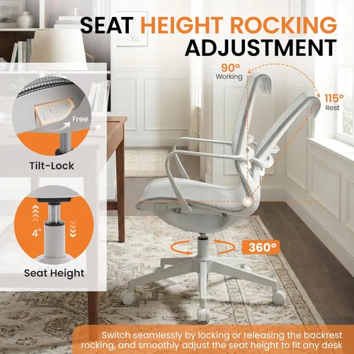 Miniatura 5 de LuxErgo Silla de oficina ergonómica de malla, silla de escritorio con respaldo medio con soporte lumbar y reposabrazos, altura ajustable, reclinable