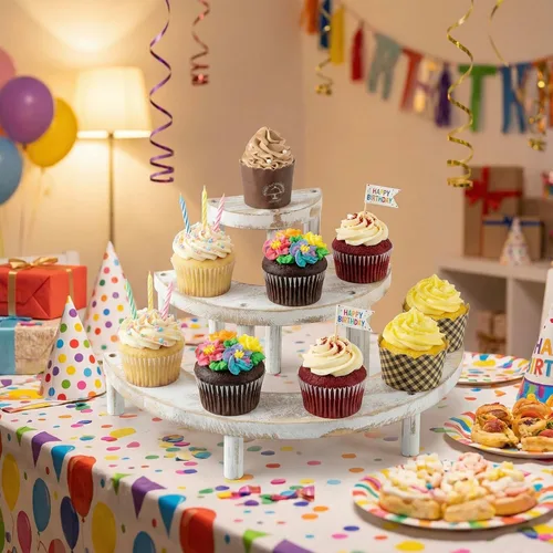 Miniatura 2 de MyGift Soporte elevador de madera de 3 niveles, soporte para cupcakes y organizador de perfumes, estante rústico de exhibición escalonado blanqueado