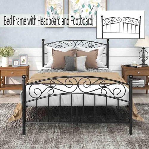 Miniatura 3 de Base de cama matrimonial de metal, plataforma moderna con cabecero/estribo, cámaras de base de colchón, base de cama resistente, no necesita somier