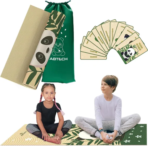 Set de Esterillas de Yoga para Niños de ABTECH - Cómoda Esterilla de Yoga Infantil de Dinosaurio para Niño con 12 Tarjetas de Yoga, Bolsa de Panda