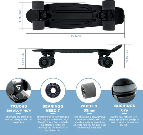 Miniatura 3 de Swell Skateboards Monopatín completo retro de plástico de 22 pulgadas y 28 pulgadas para principiantes, niños, niñas, jóvenes, adolescentes, adultos