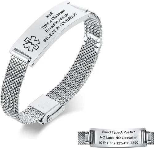 Miniatura 12 de Pulseras personalizadas de alerta médica para hombres, mujeres y niños, grabado gratuito, malla de acero inoxidable ajustable, pulsera