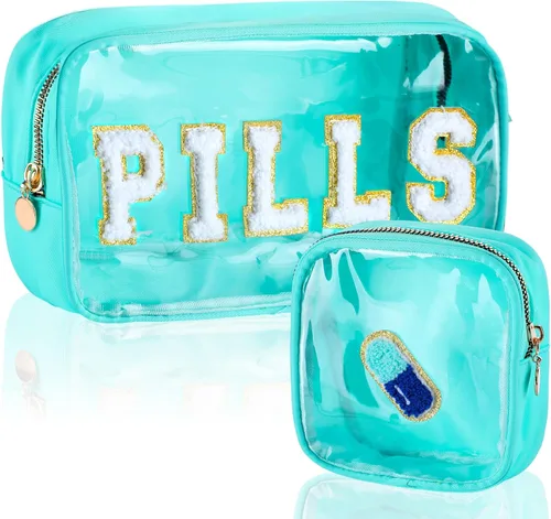 Miniatura 11 de Hillban 2 bolsas medicinales de chenilla con parche de letras, bolsas de viaje, de nailon transparente, bolsas de maquillaje portátiles
