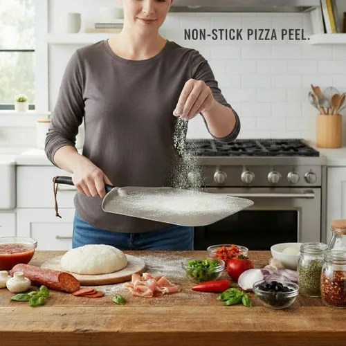 Miniatura 7 de Pala de pizza de aluminio de 14 pulgadas, paleta de torneado de pizza de metal extra grande, espátula antiadherente para pizza ooni horno, hornear