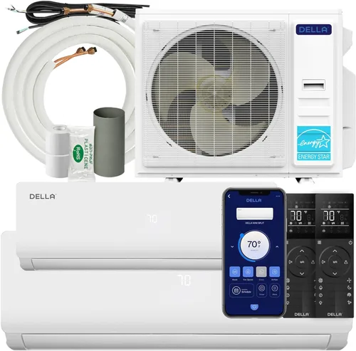 DELLA 35K BTU ODU 19 SEER2, 2 zonas 9000 24000 BTU Mini Split AC, eficiencia energética, funciona con Alexa y Wifi, 208-230 V enfría hasta 1900 pies