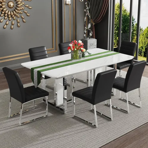Miniatura 11 de Juego de mesa de comedor moderno de 67 pulgadas para 6, juego de mesa de cocina blanca, juego de mesa de comedor de lujo con mesa de mármol