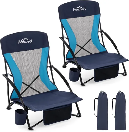 Miniatura 8 de Homcosan Silla de playa portátil baja plegable con paraguas desmontable, silla de campamento ligera para adultos con portavasos y bolsillo