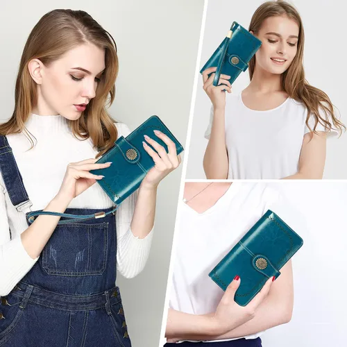 Miniatura 8 de HUANLANG Cartera grande de cuero para mujer con bolsillo para monedas, organizador de cartera RFID para mujer con correa para muñeca, Estilo 2