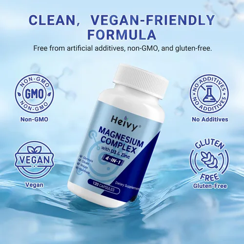 Miniatura 4 de Heivy Complejo de magnesio 4 en 1 con zinc y vitamina D3, 320 mg de magnesio elemental (glicinato/citrato/gluconato/malato), 120 cápsulas