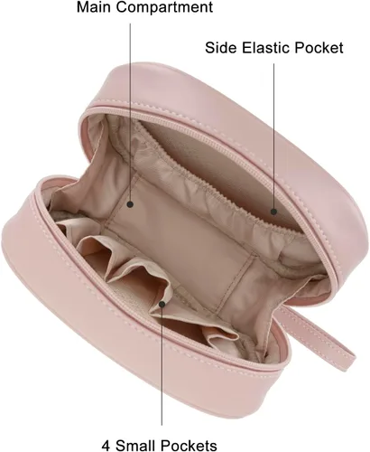 Miniatura 2 de E-Tree Bolsa de maquillaje de piel sintética para mujer, organizador de cosméticos de viaje con doble cremallera, bolsa de aseo pequeña impermeable