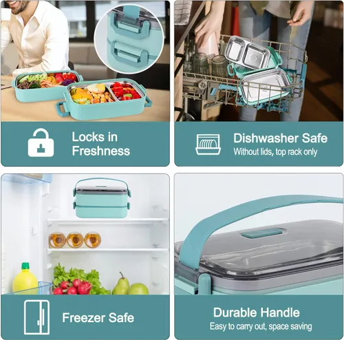 Miniatura 8 de Lonchera Bento para niños, mujeres y hombres, 47 onzas, 2 compartimentos, para ensalada, aperitivos, ensalada, paquete de preparación de alimentos
