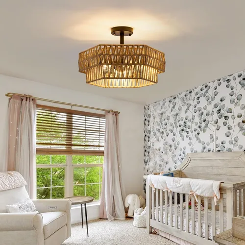 Miniatura 2 de XSDeTu Lámpara de techo semiempotrada de granja, 3 luces, estilo bohemio, lámpara de techo de cuerda de cáñamo tejida rústica, lámpara de techo