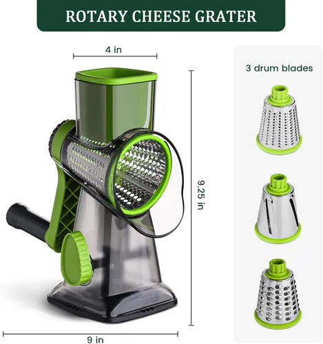 Miniatura 2 de HANSGO Rallador rotativo de queso, 3 cuchillas de acero inoxidable, mango que ahorra trabajo, base de succión fuerte, para queso, verduras, nueces