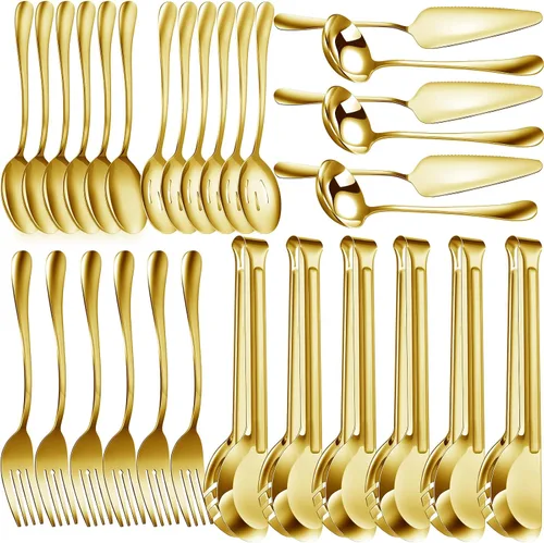 Miniatura 9 de Thenshop Juego de 30 utensilios de servir de acero inoxidable que incluye cucharas grandes, cucharas ranuradas, tenedores, cucharón de sopa, tarta
