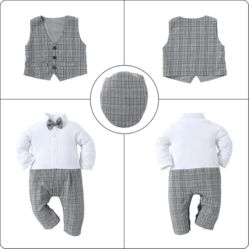 Miniatura 4 de HOSUKKO - Traje de bebé para caballero, mamelucos + boina + corbatín (0-24 meses)