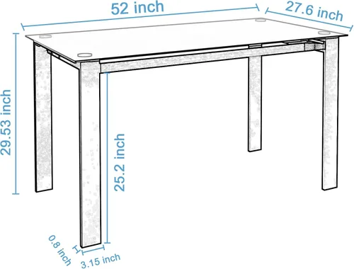 Miniatura 2 de Mesa de comedor rectangular de vidrio templado con patas de metal, color negro, 52 x 27.6 pulgadas x 29.5 pulgadas de alto