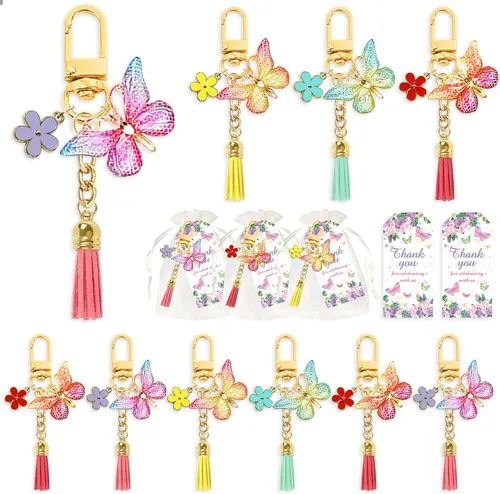 BANBALLON 12 juegos de recuerdos de fiesta de mariposa, llavero con borla, decoración de fiesta de hadas con bolsa de gasa de flores de mariposa