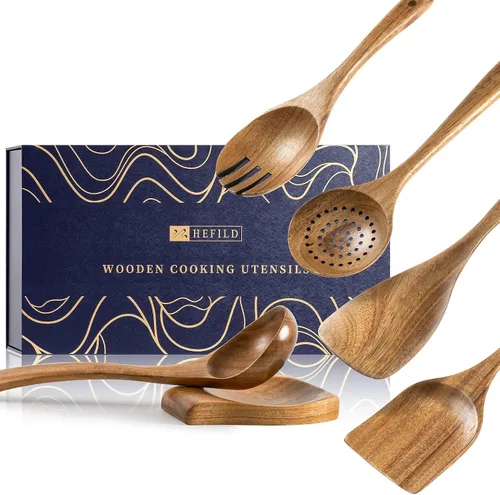 Cucharas de madera para cocinar, juego de utensilios de cocina antiadherentes con 5 espátulas y cucharas de madera de acacia, así como un soporte de