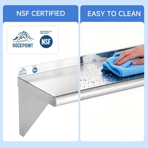 Miniatura 5 de ROCKPOINT Estante de acero inoxidable de 12 x 24 pulgadas, 250 libras, estantes comerciales de metal NSF para montaje en pared, estantería flotante