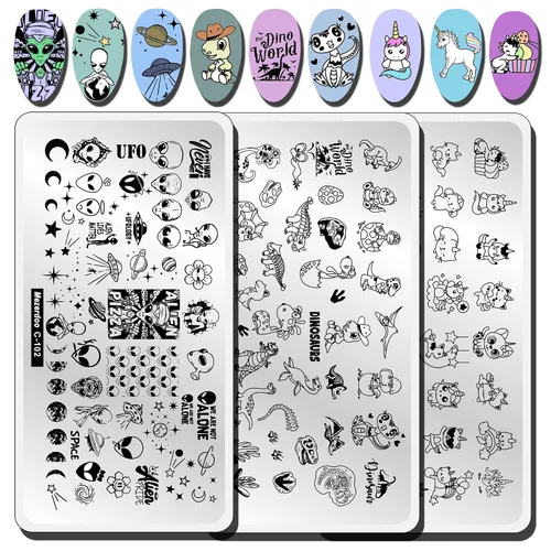 Placas de sello de uñas de dinosaurios alienígenas, placa de estampación de uñas de estrella, luna, unicornio, gato, caballo, animales de dibujos