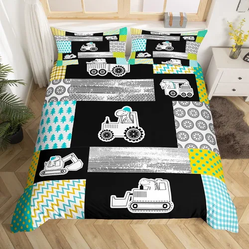 Miniatura 16 de Juego de ropa de cama de construcción, tamaño individual, para niños, camiones, juego de funda de edredón para niños, adolescentes, caricaturas
